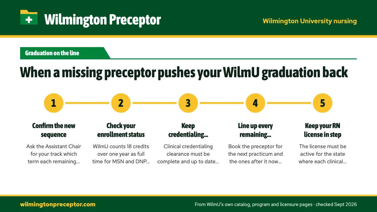 Numbered steps. Re-plan the rest of the program now: 1 Confirm the new sequence; 2 Check your enrollment status; 3 Keep credentialing current; 4 Line up every remaining preceptor; 5 Keep your RN license in step.