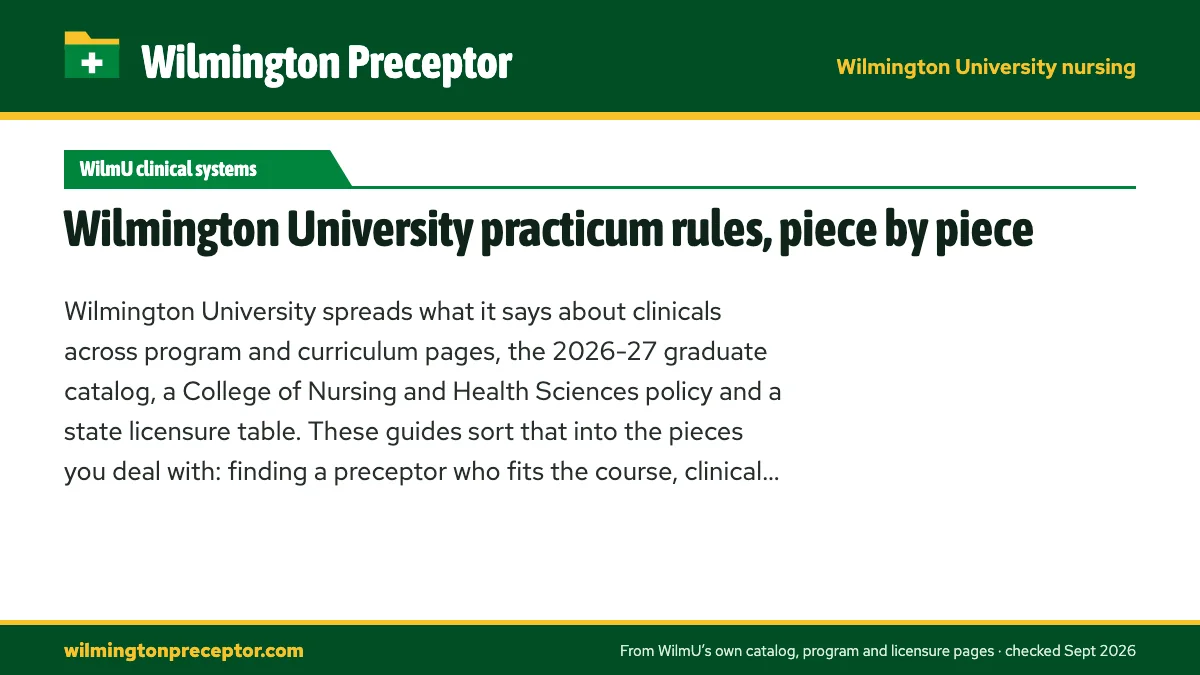 Wilmington University practicum rules, piece by piece. Wilmington University spreads what it says about clinicals across program and curriculum pages, the 2026-27 graduate catalog, a College of Nursing and Health Sc