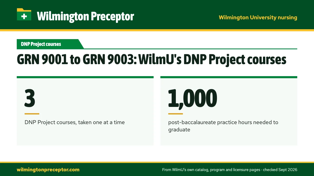 GRN 9001 to GRN 9003: WilmU's DNP Project courses. 3: DNP Project courses, taken one at a time; 1,000: post-baccalaureate practice hours needed to graduate.