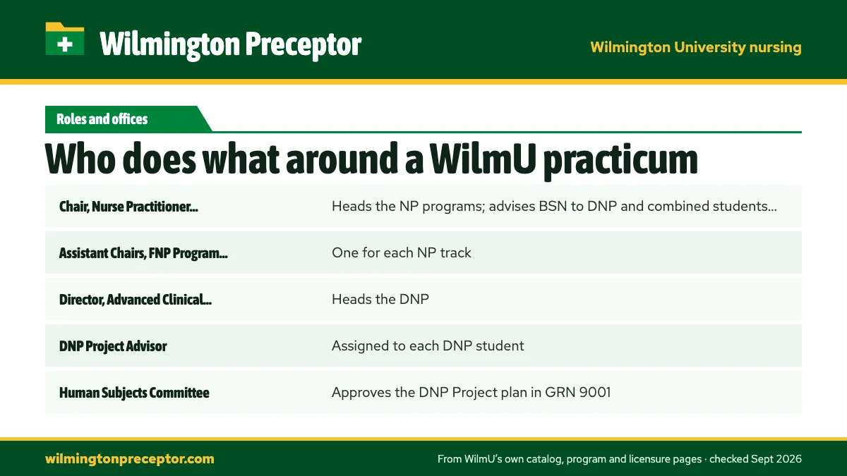 Table. WilmU roles around a practicum, titles only: Chair, Nurse Practitioner Programs, Heads the NP programs; advises BSN to DNP and combined students jointly with the DNP Program Director; Assistant Chairs, FNP Program and PMHNP Program, One for each NP track; Director, Advanced Clinical Programs